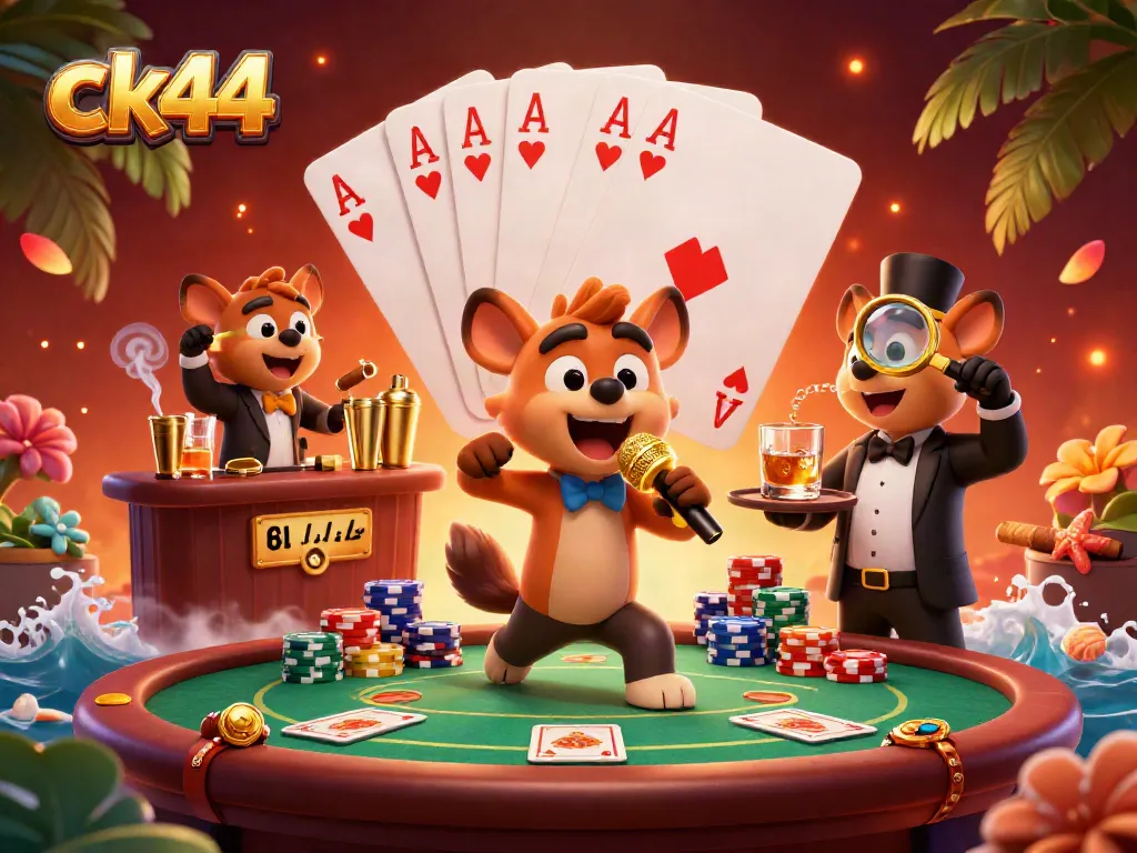 Experience ck44 with hyenas performing in a vibrant comedy casino club scene showcasing poker elements.