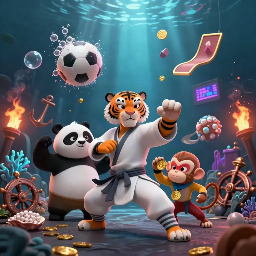 Kung-fu tiger, panda, and monkey in underwater casino action with coins, cards, and sports balls.
