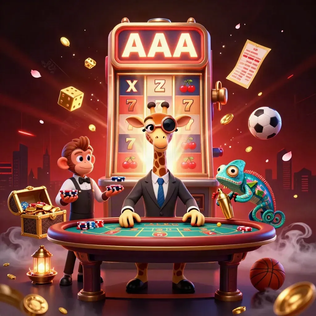 Cartoon giraffe, monkey, and chameleon amid casino lights, slots, sports balls, dice, and coins.