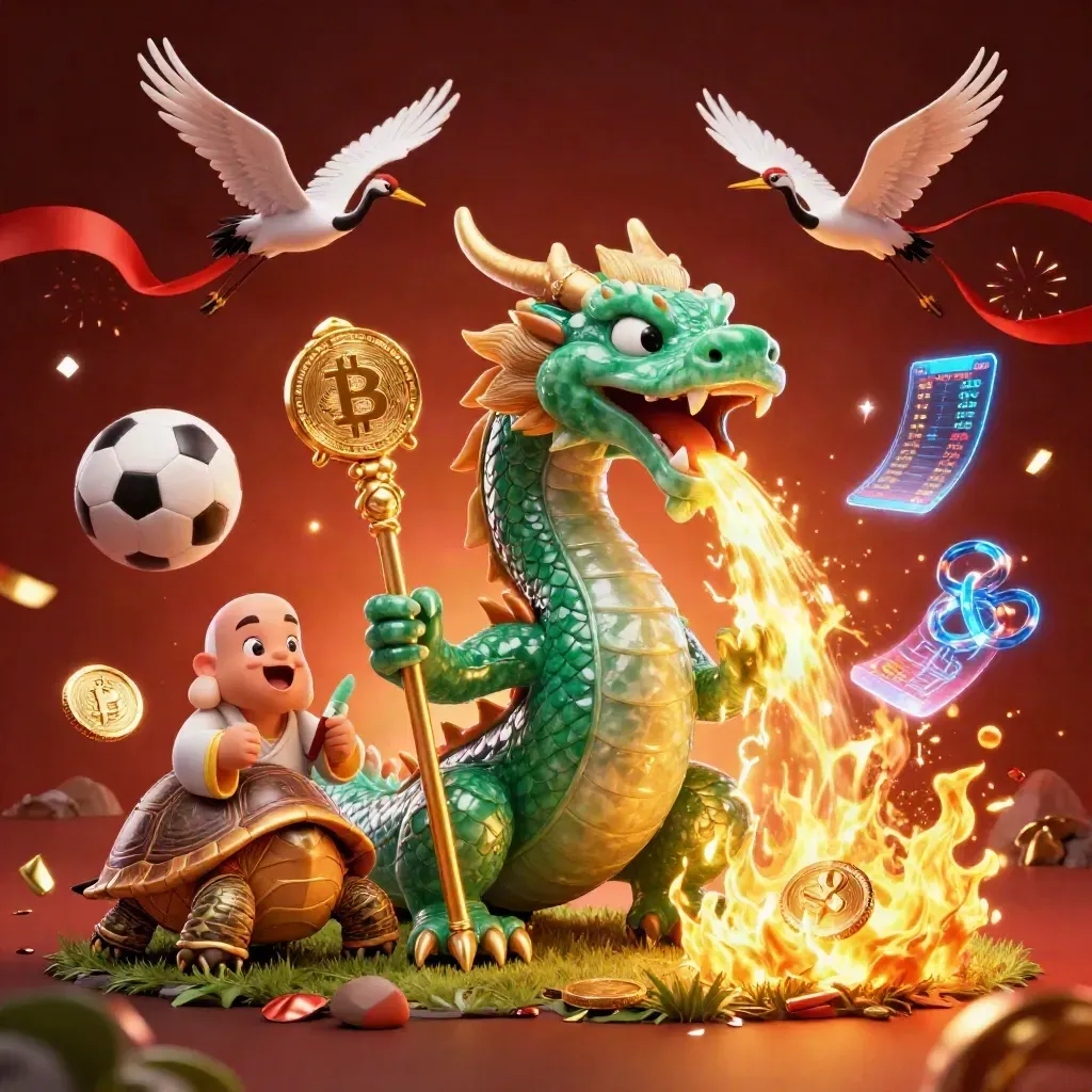 Jade dragon, turtle sage and cranes amid casino coins, fire and sports balls in a glowing crimson arena