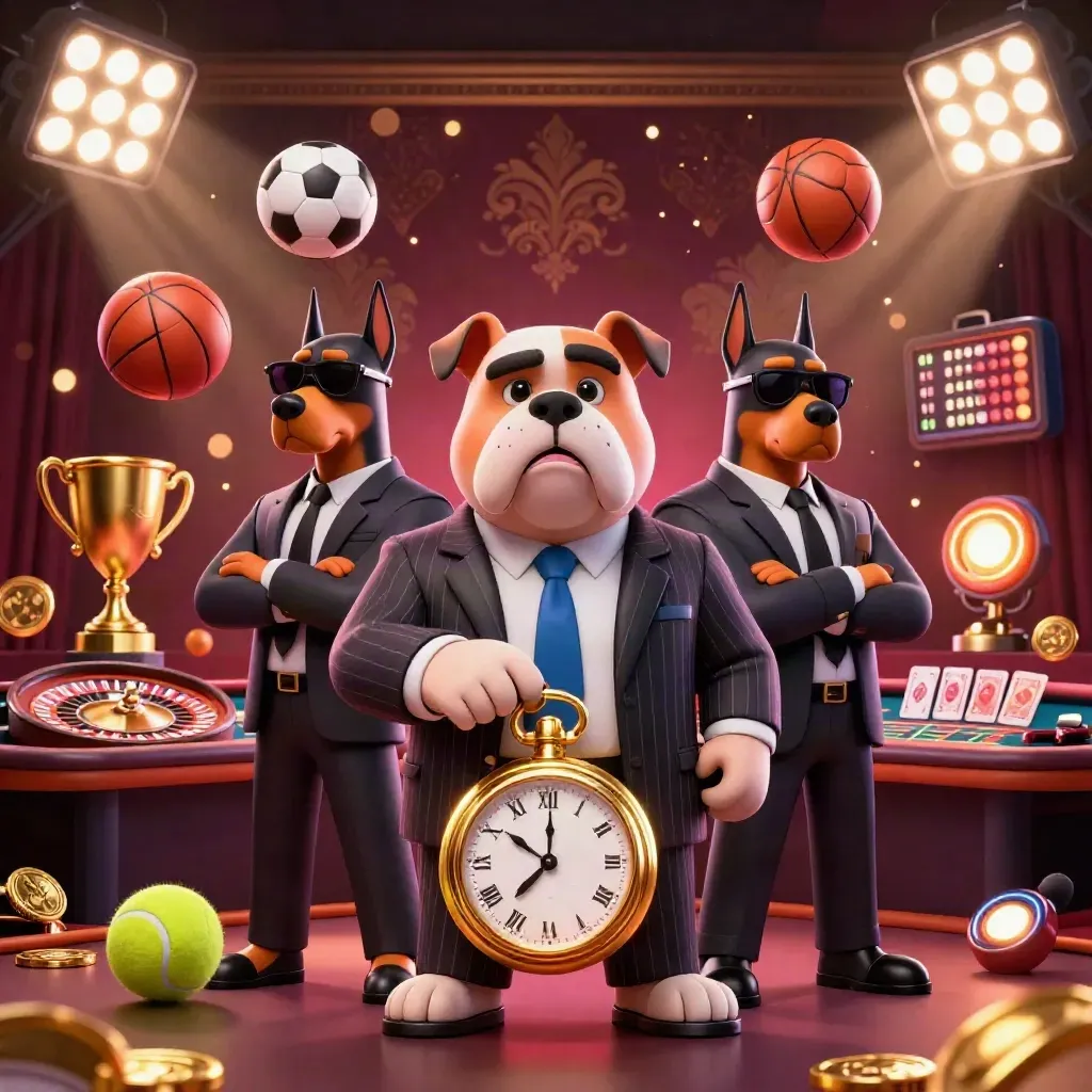Bulldog boss and two Dobermans amid casino glamour, sports balls, coins, trophy, and dramatic gold light.