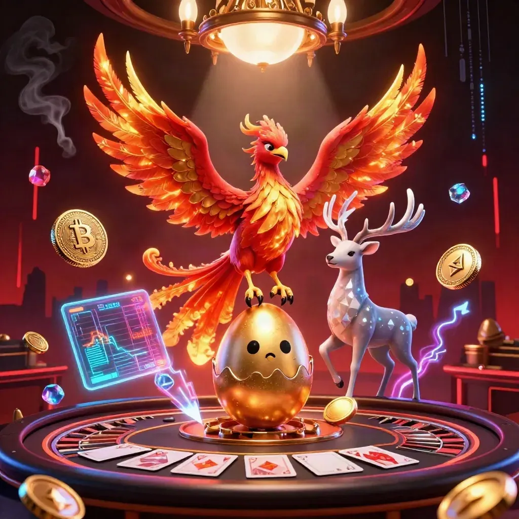 Phoenix trio in a luxe casino room with glowing coins, roulette, and neon digital energy.