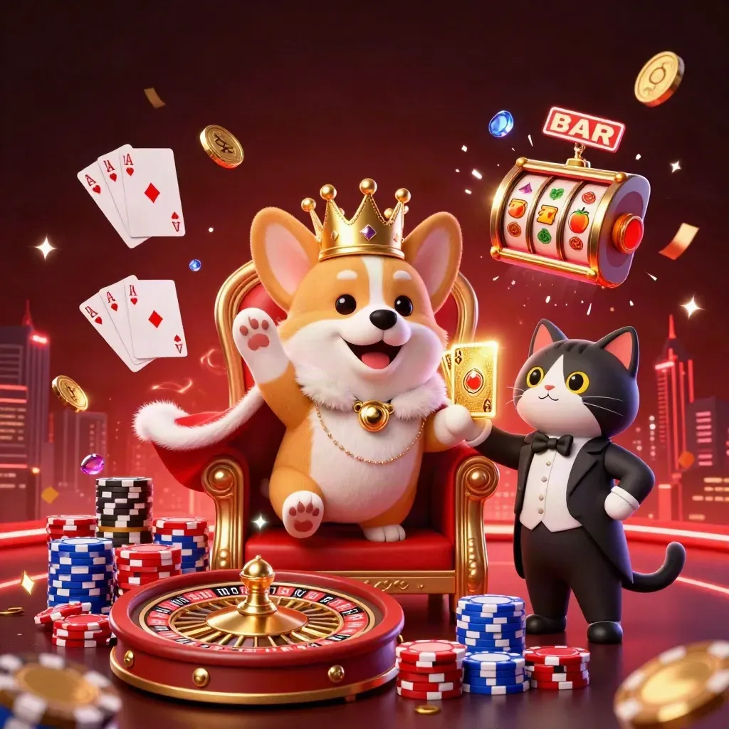 Crowned corgi and cat butler amid coins, roulette, chips, gems, and neon red casino magic.