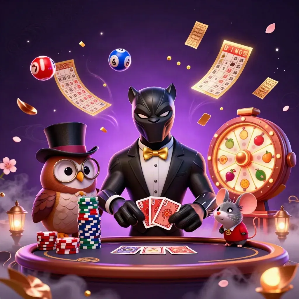 Panther, owl, and mouse gambling amid spinning reels, chips, balls, and glowing magic