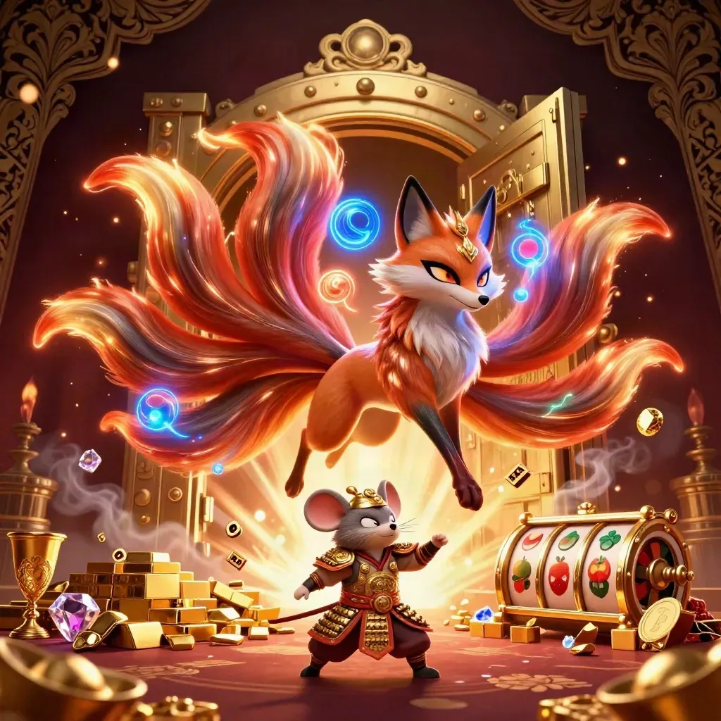 Fox spirit and samurai mouse with treasure vault explosion, casino gems, reels and neon glow