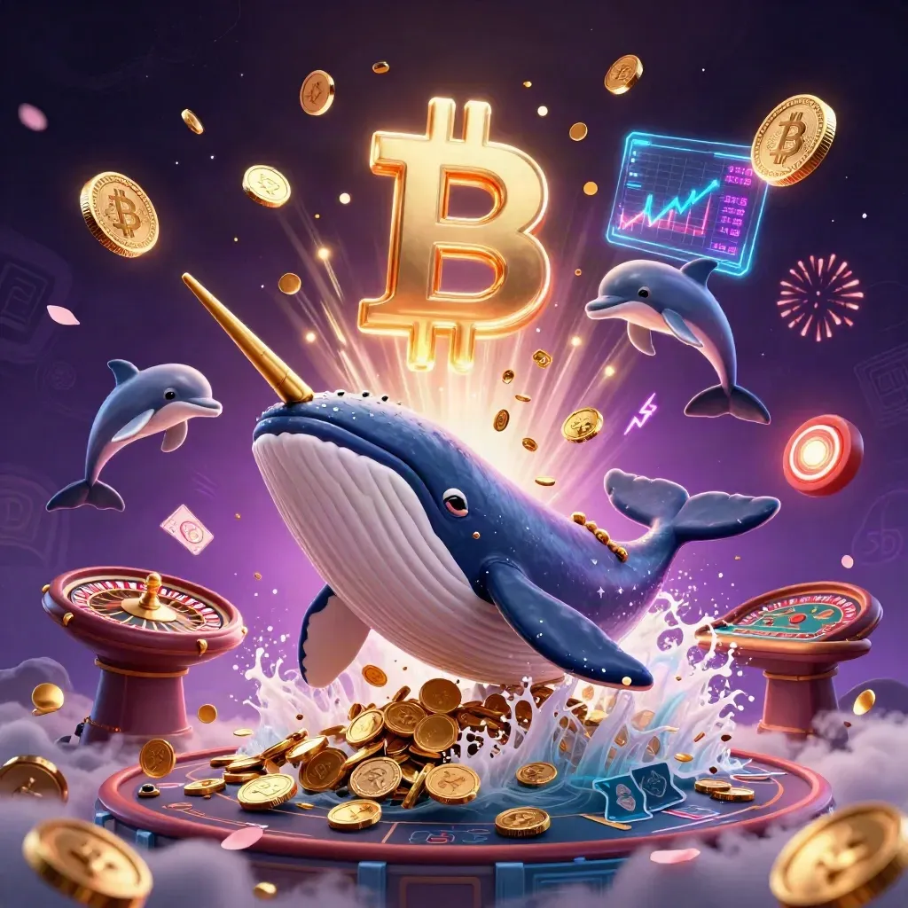 Whale captain, narwhal and dolphins burst from coins amid casino and crypto effects.