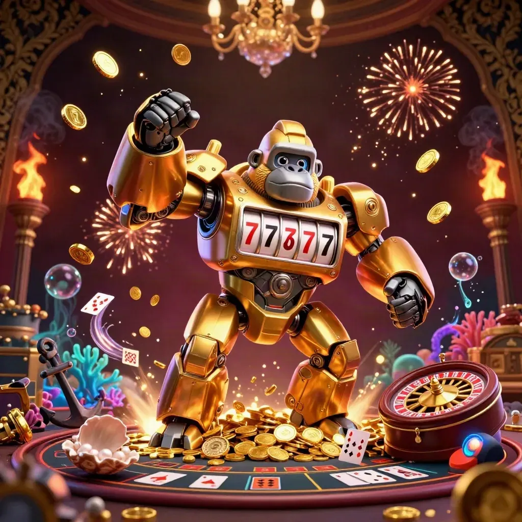 Golden gorilla slot mech with monkey pilot amid coins, coral, cards, roulette, and treasure glow.