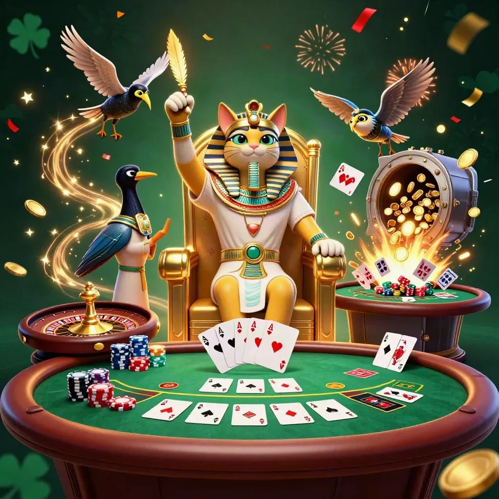 Pharaoh cat, ibis scribe, and scarabs burst amid chips, cards, coins, and fireworks.