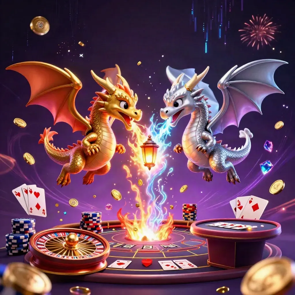 Twin gold and silver dragons burst through coins, cards, and casino lights in a dark neon sky.