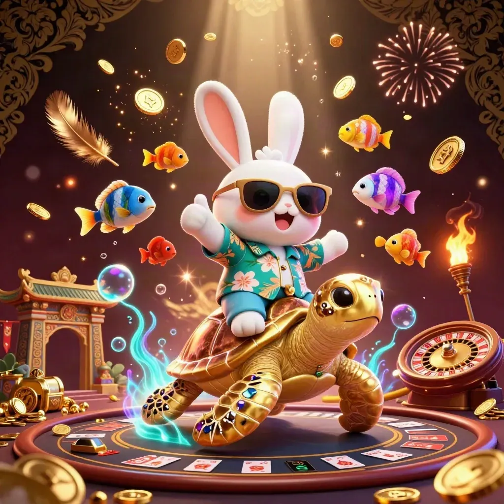 Lucky rabbit rides jeweled sea turtle amid casino treasure, fireworks, and neon glow.
