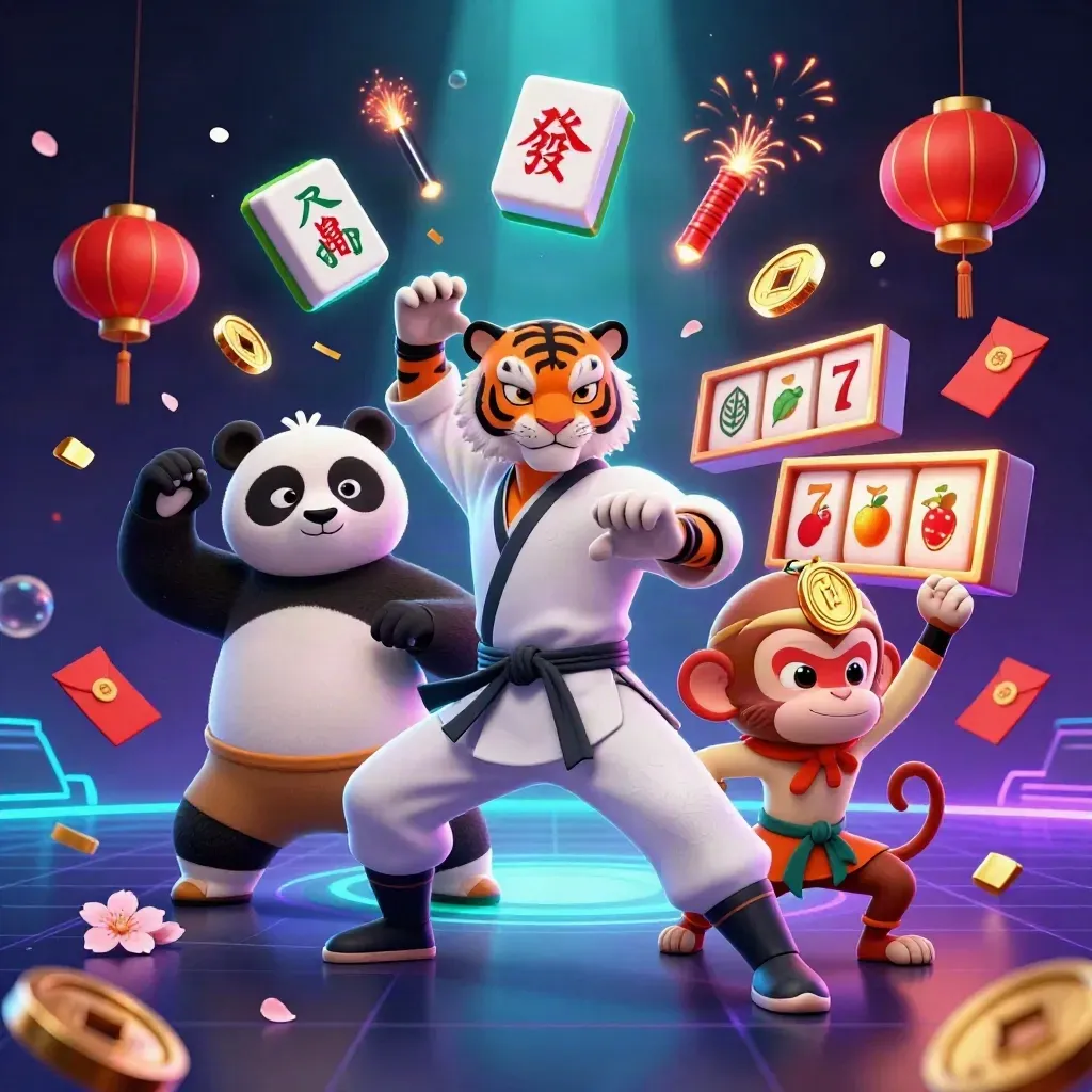 Tiger master, panda disciple, and monkey student amid casino reels, lanterns, coins, and glowing effects.