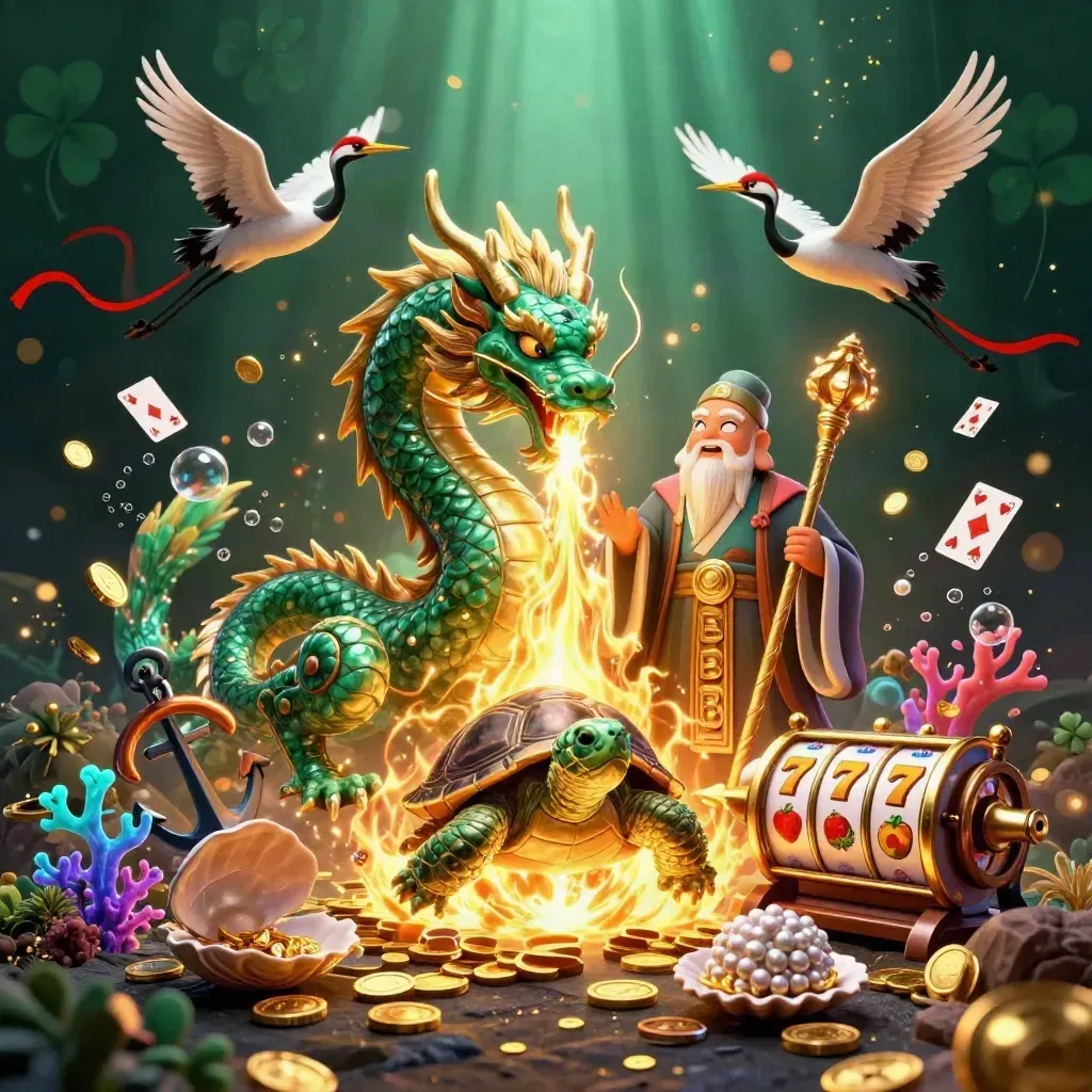 Emerald dragon, turtle sage, and cranes amid casino treasure, coins, coral, cards, and glowing reels