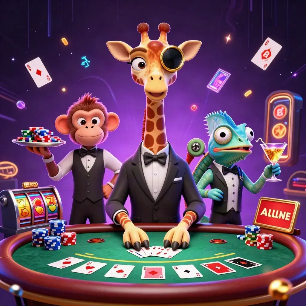Giraffe high roller, monkey valet, and chameleon bartender amid chips, cards, and neon casino glow.