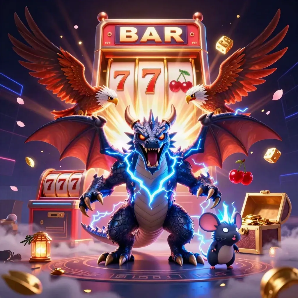 Thunder dragon, wind hawk, and static mouse amid jackpot slot symbols in a dark neon casino scene.