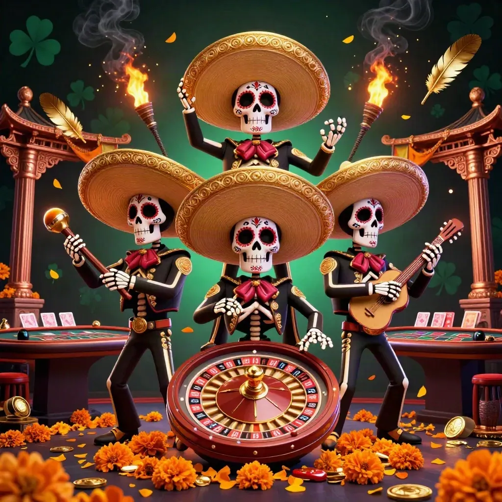 Skeleton mariachi trio amid casino relics, roulette wheel, cards, coins, emerald glow.