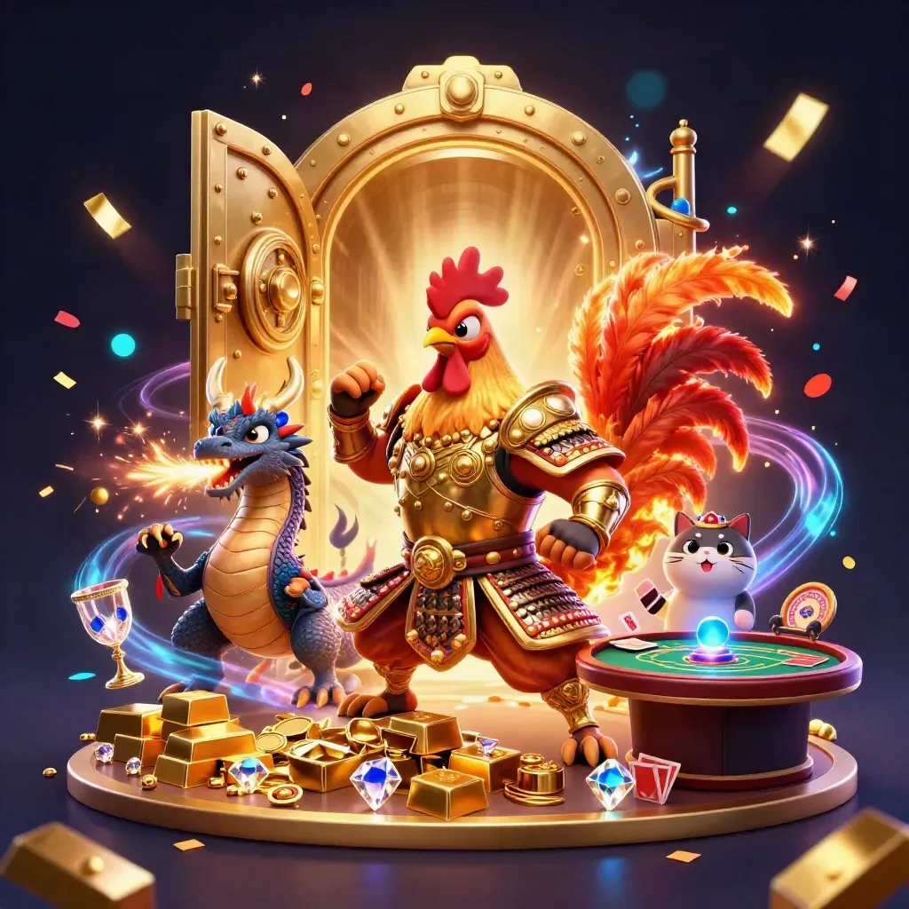 Rooster warrior, dragon hatchling and fortune cat amid gold, sparks and casino rewards.