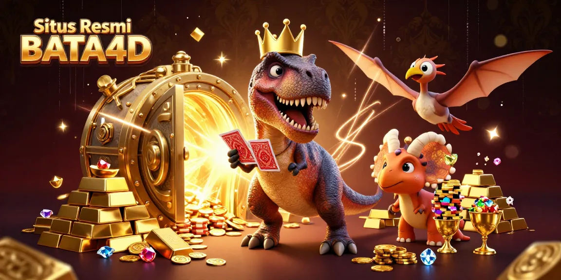 Situs Resmi BATA4D menampilkan T-Rex lucu sedang bermain kartu di kasino online dengan gemerlap harta karun