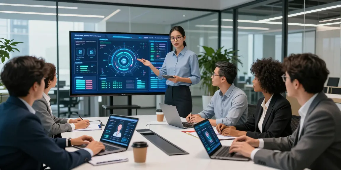 Team collaborating with an AI assistant in a modern office environment, showcasing innovation and technology.