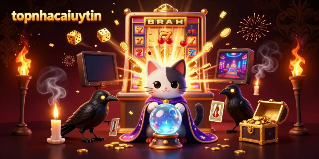 Experience gaming excitement with topnhacaiuytin in a vibrant casino scene featuring a fortune teller cat and mystical elements.