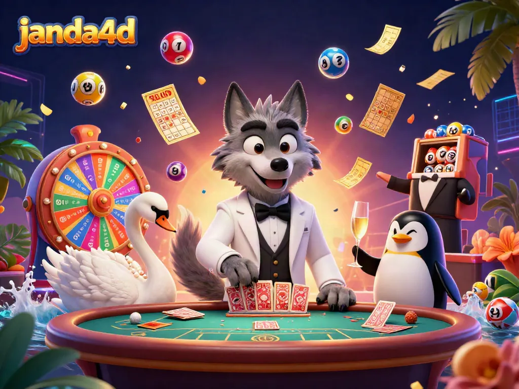 Gambar janda4d yang menampilkan karakter judi dalam suasana kasino dengan elemen lotere dan bingo yang berwarna-warni.