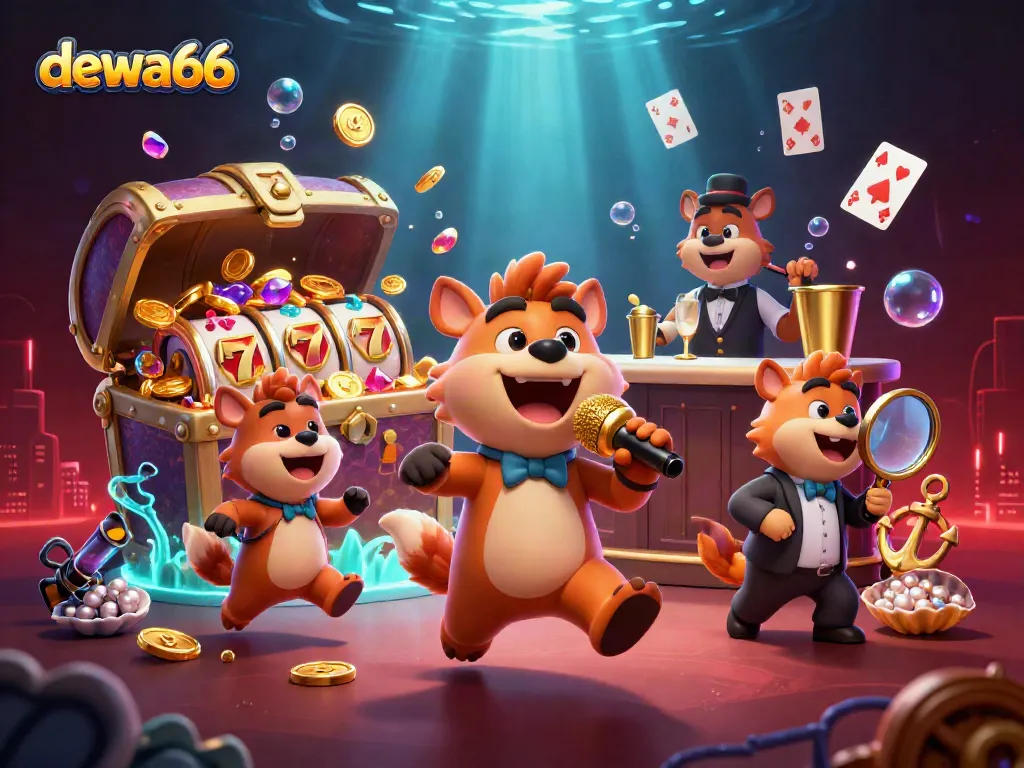 Engage with dewa66 at a vibrant casino scene featuring hyenas, comedy, and slots