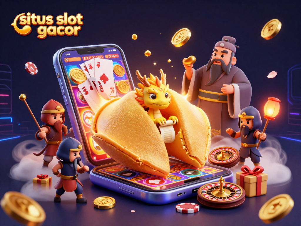 Engage with the vibrant situs slot gacor world featuring golden coins erupting and a wise dragon reading fortunes.
