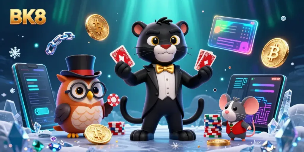 Engage in winning at BK8 with a lively scene of a tuxedoed panther dealing cards and crypto coins