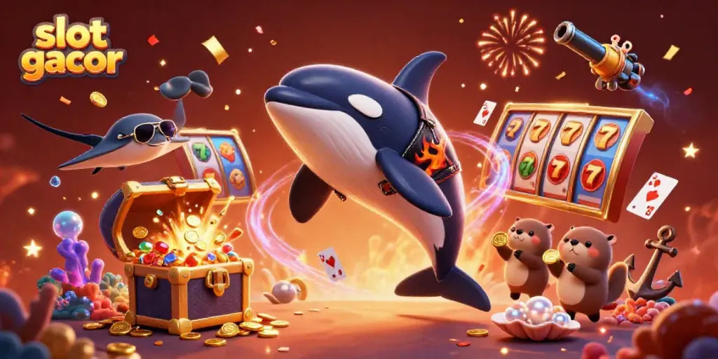 Play slot gacor with a lively scene of a jumping orca and playful sea otters showcasing winning moments.