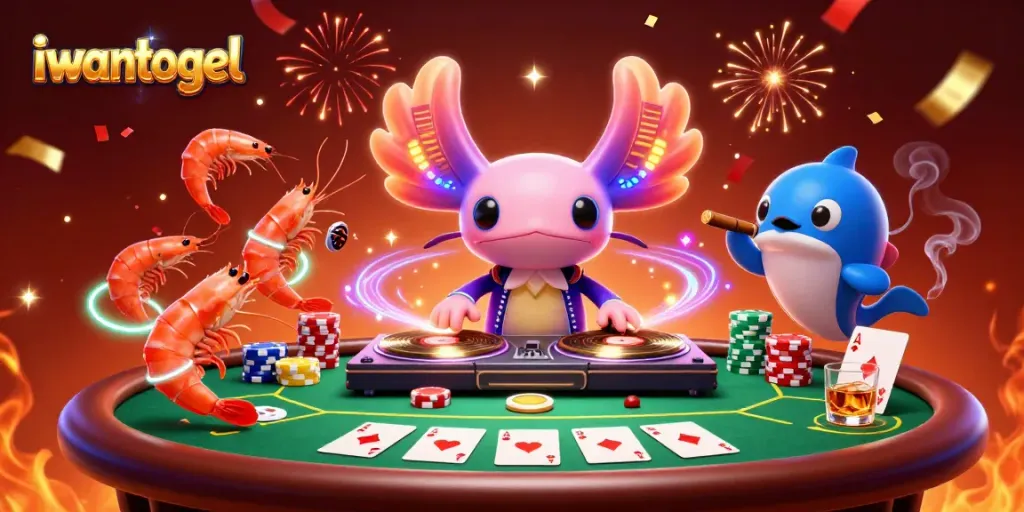 Join the fun at iwantogel with a neon axolotl DJ and dancing sea creatures at an exciting casino scene.
