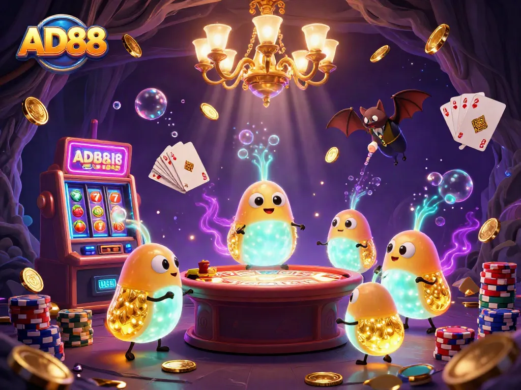 AD88 interactive gaming scene with glowing glowworms, a bat dealer, and vibrant casino elements.