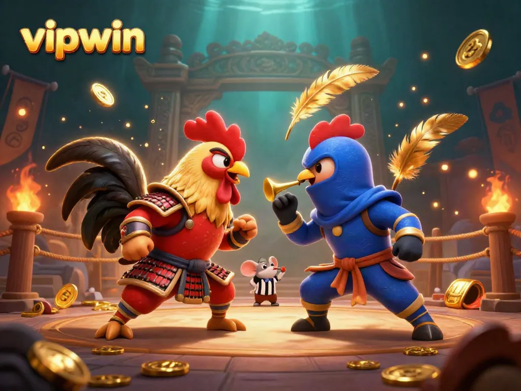 Experience thrilling battles with vipwin featuring cartoon roosters in a colorful, lively arena.