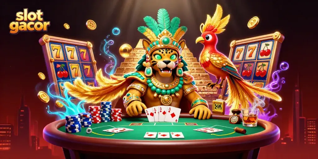 Experience the thrill of slot gacor with a lively 3D scene featuring Maya priest, quetzal bird, and dynamic game elements.