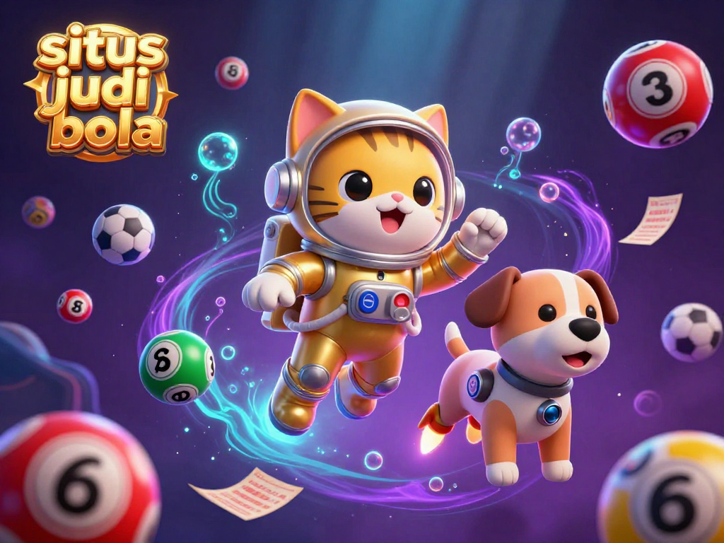 Situs judi bola themed illustration with an astronaut cat and robot dog surrounded by colorful lottery balls and dynamic sports betting elements.