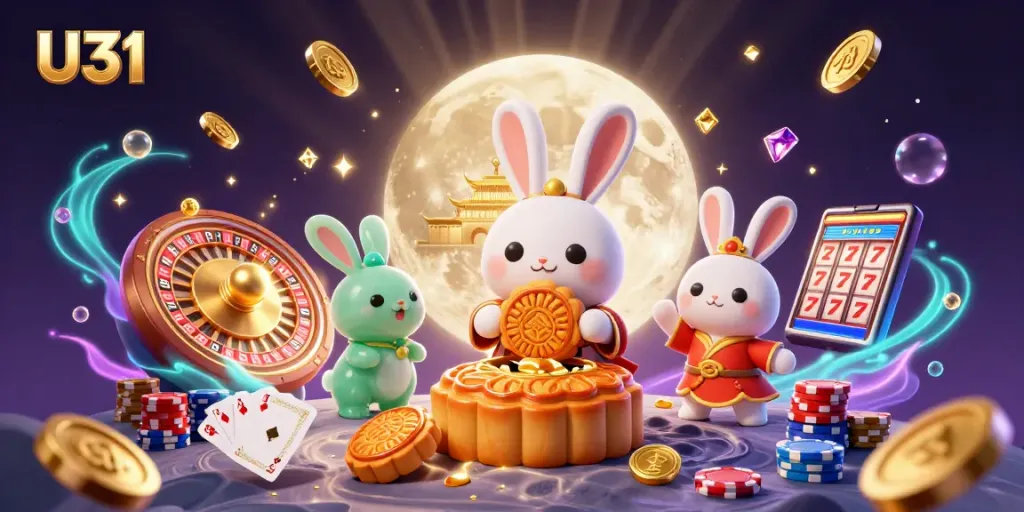 Engage in U31 online casino thrills with a moon rabbit pounding mooncakes revealing poker chips.