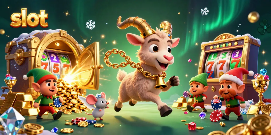 Experience the thrill of slot gaming with a festive Krampus goat and mischievous elves in this vibrant casino scene.