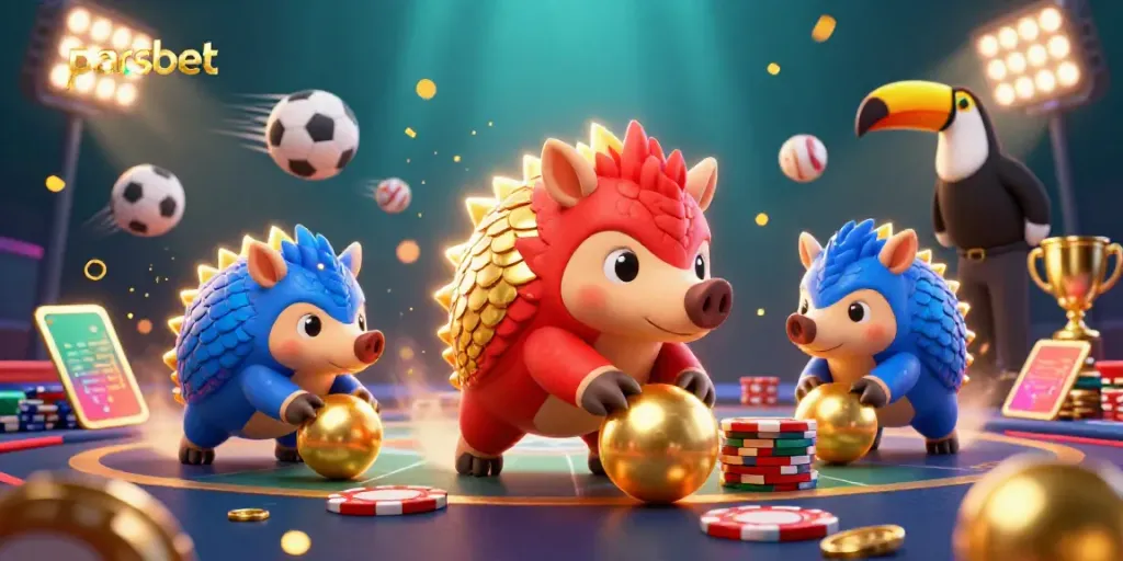 Parsbet ile eğlenceli bir oyun sahnesi, rakip pangolinlerin poker çiplerinin arasında altın topları yuvarlarken gösteriliyor.