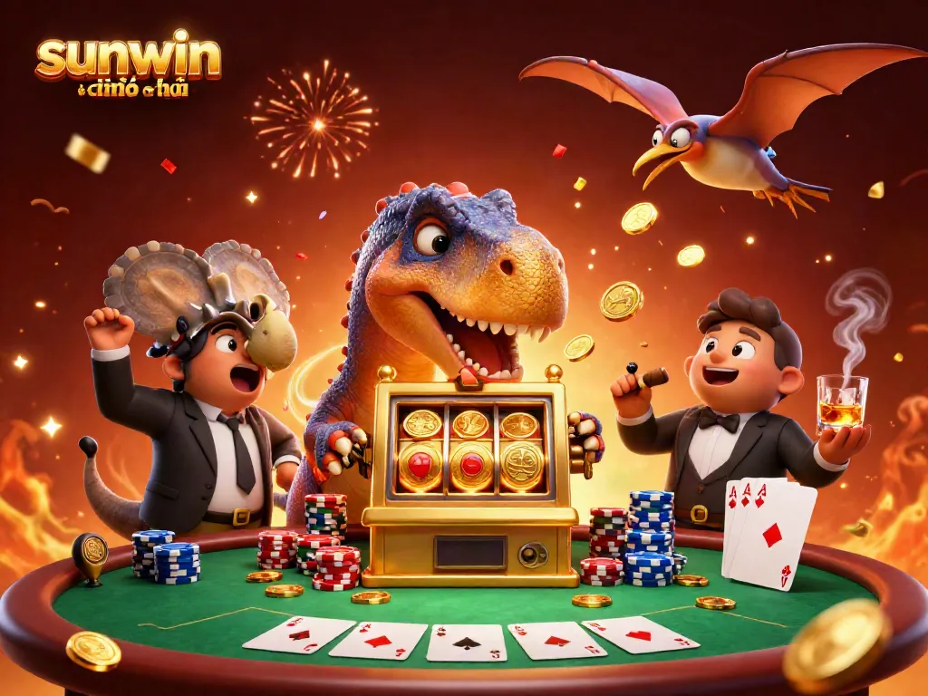Experience the excitement of sunwin chính thức as a dinosaur celebrates a jackpot in a vibrant casino