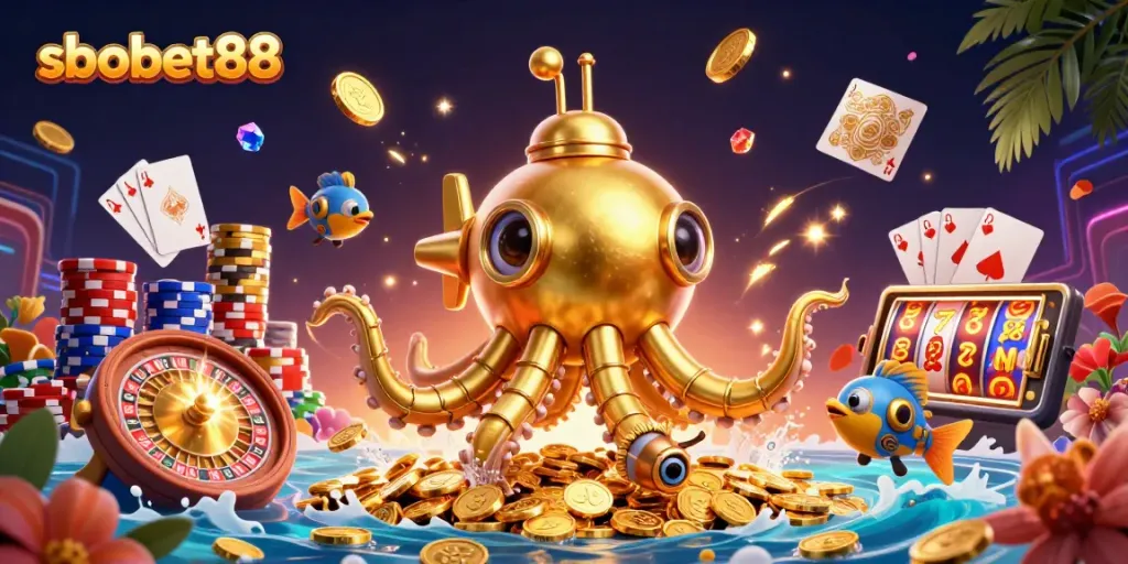 Experience the excitement of sbobet88 through a vibrant cartoon scene featuring golden coins and dynamic casino elements.