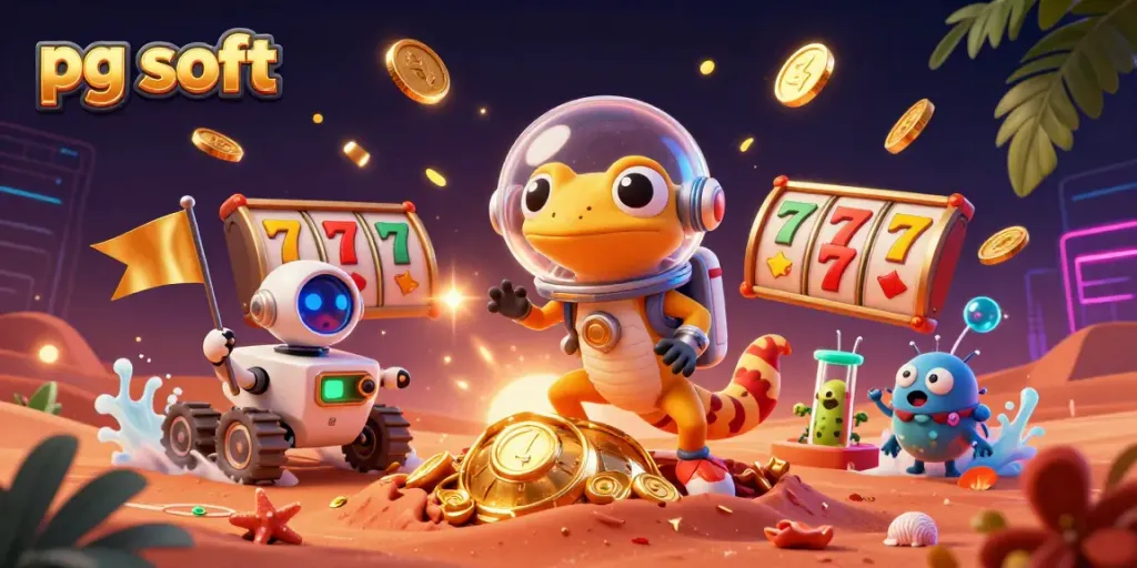 Permainan kasino menarik "pg soft" dengan gecko Martian dan robot, penuh elemen slot dan hadiah.
