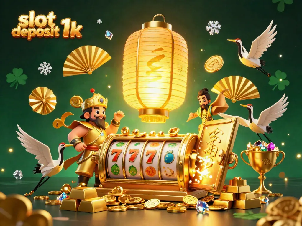 Engage in slot deposit 1k with a vibrant casino scene including golden lantern spirit and treasure.