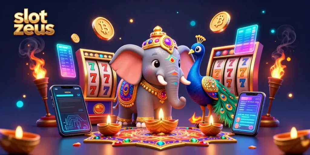 Menangkan slot zeus dengan simbol keberuntungan dan pemandangan kasino yang berwarna-warni pada ilustrasi 3D.