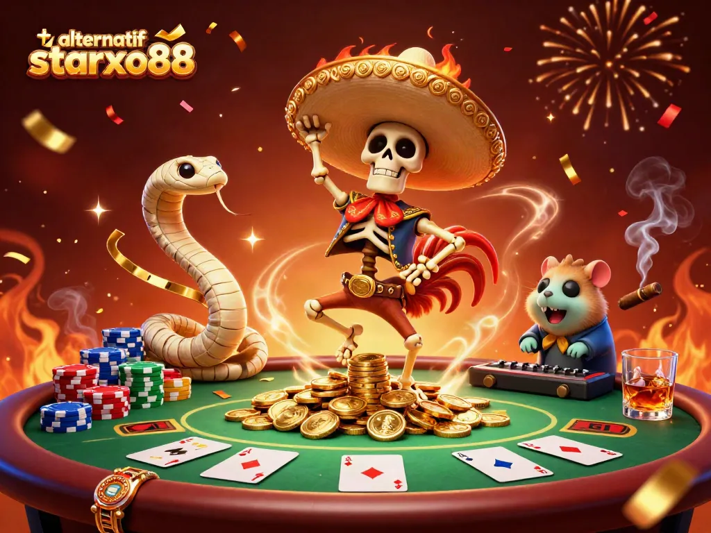 Experience victory with alternatif starxo88 in this dynamic casino celebration scene featuring colorful poker elements.