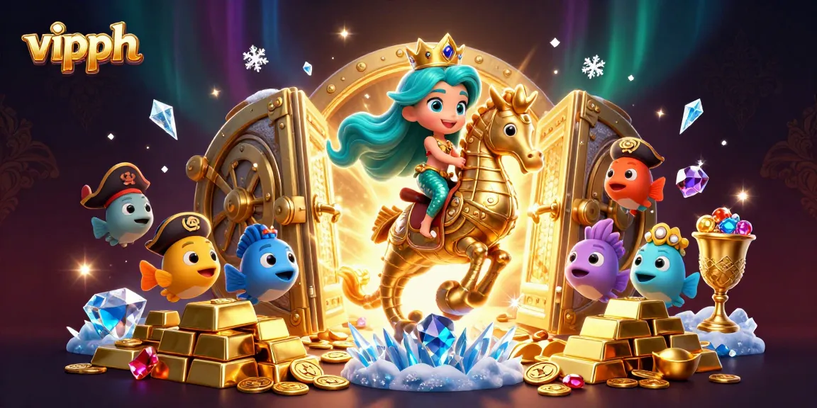 Experience the vibrant world of vipph with a mermaid princess and seahorse in a treasure-filled scene.