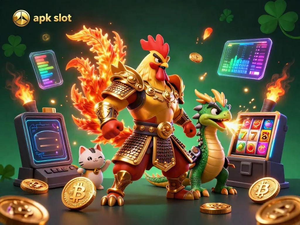 Jelajahi keseruan apk slot dengan ilustrasi 3D karakter bertema kasino, mesin slot, dan efek menawan.