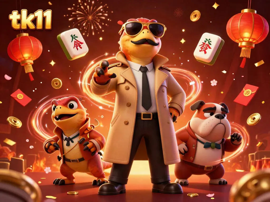 tk11 raptors in trench coat entering VIP casino, full of mahjong and lucky symbols