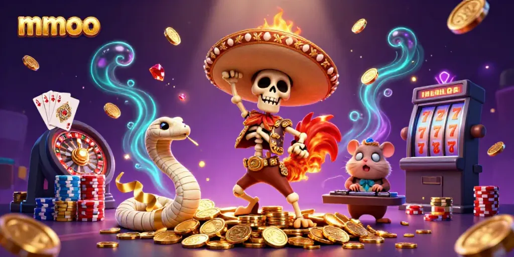 Experience mmoo excitement as a mariachi rooster celebrates with golden coins in a lively casino scene.