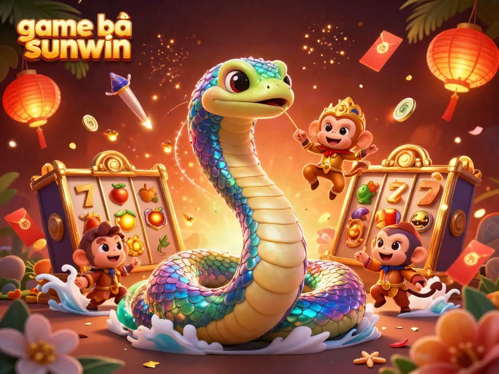 Experience game bài sunwin with vibrant visuals featuring a rainbow serpent and lucky symbols in a casino setting.
