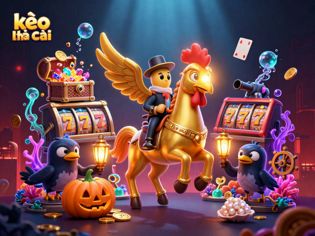 Experience the thrill of kèo nhà cái with a golden rooster and friends in a vibrant casino scene.