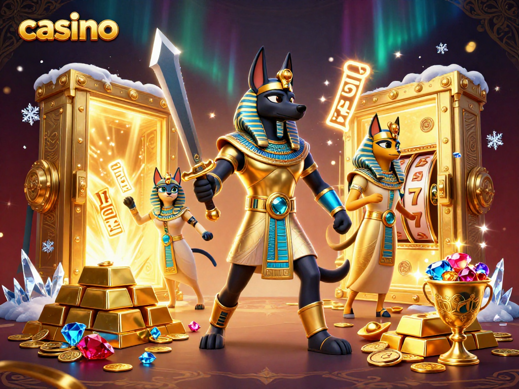 Engage with an exciting casino scene featuring treasures, Anubis, and Bastet in vibrant 3D illustration.