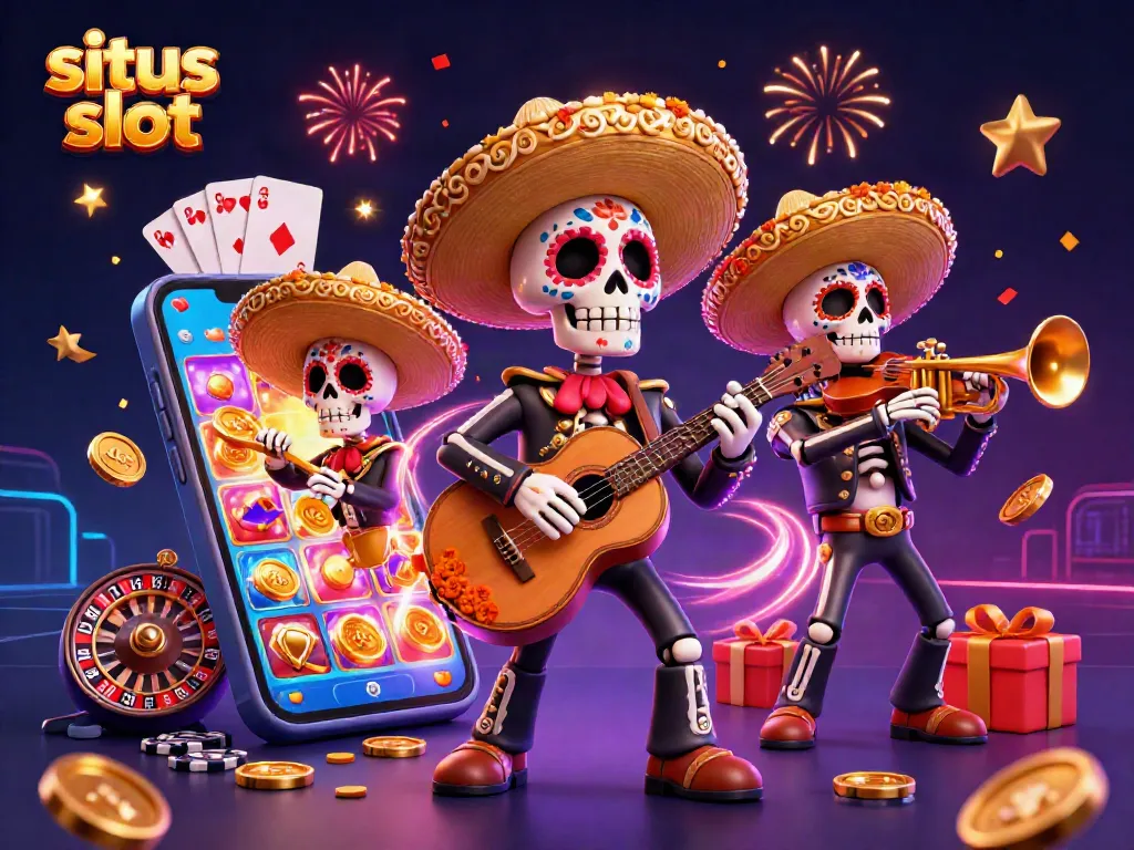 Menghadirkan situs slot, ilustrasi 3D karnaval dengan band mariachi, permainan dan simbol kasino yang berwarna-warni.